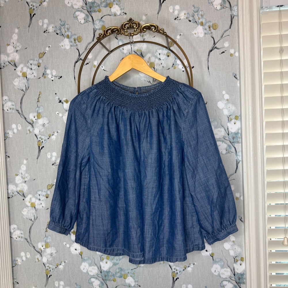 LOFT Womens Blue Lyocell Chambray Smocked Neck Blouse Long Sleeve Top Small